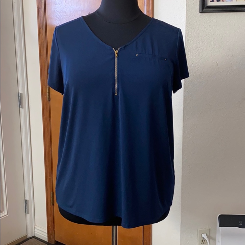 Roz & Ali Blue Blouse with gold zipper